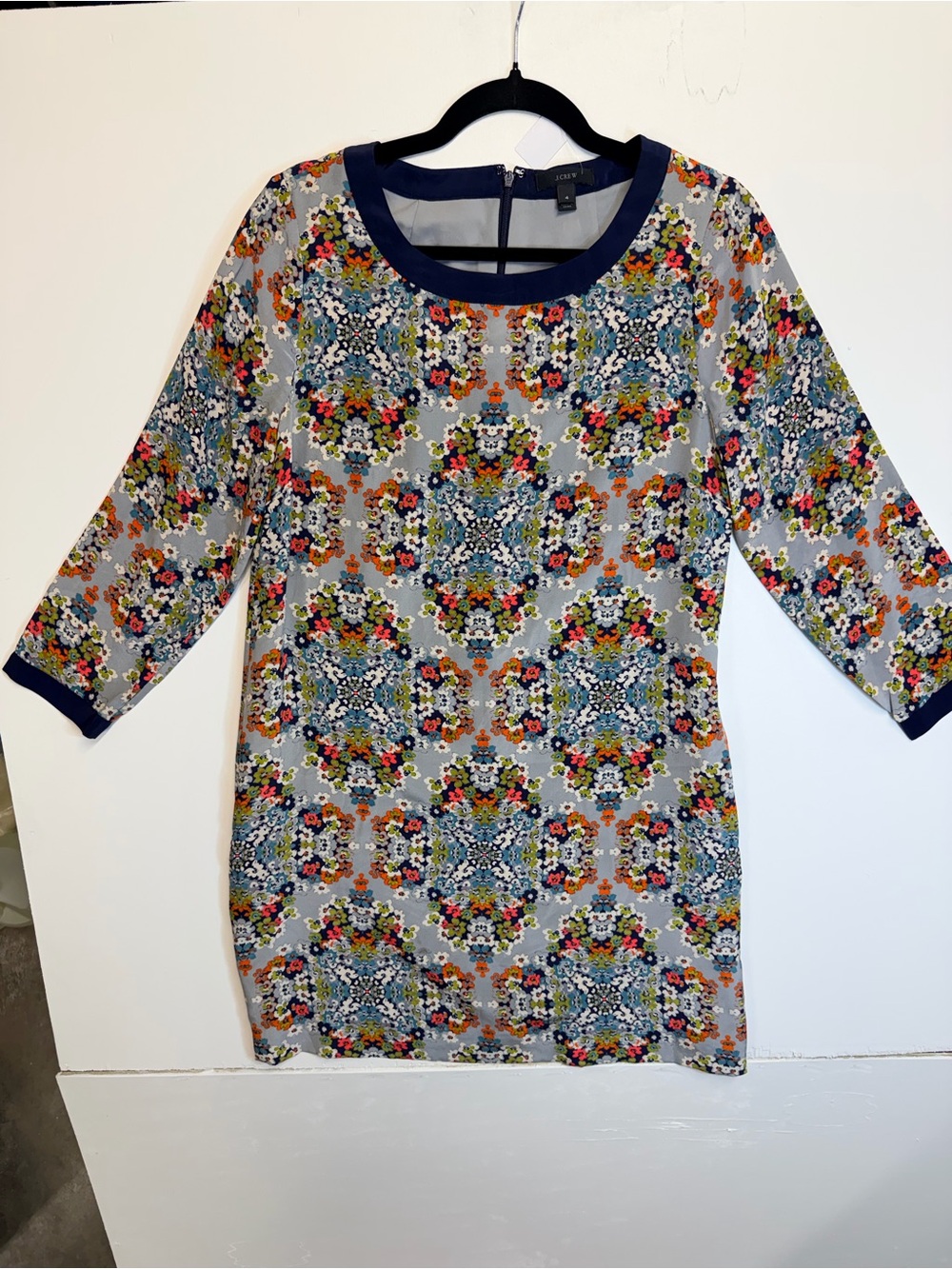 W147 J. Crew Floral Mosaic Shift Dress in Gray and Navy